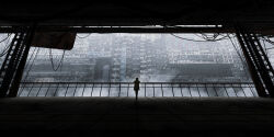 1other apartment building cable chinese_text coat commentary_request fog full_body haru_akira indoors original pants railing scenery shadow urban
