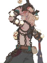 1boy artist_name ball belt black_pants blonde_hair brown_belt chain commentary cowboy_shot earrings english_commentary from_side helmet highres ivy_(sena0119) jewelry link long_hair male_focus miner&#039;s_set_(zelda) nintendo pants pointy_ears simple_background solo the_legend_of_zelda the_legend_of_zelda:_tears_of_the_kingdom twitter_username white_background