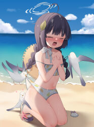 1girl ahoge animal bare_shoulders bikini bird black_footwear black_hair blue_archive blue_sky blush braid brown_hat closed_eyes cloud commentary_request crocs day female_focus full_body hands_up hat hat_on_back heart horizon inappropriate_animal kneeling leaf leaf_on_head leaf_print loli long_hair low_twintails miyu_(blue_archive) miyu_(swimsuit)_(blue_archive) navel nose_blush ocean open_mouth outdoors own_hands_together print_bikini pulling_another&#039;s_clothes seagull sky solo starfish strap_pull straw_hat swimsuit tears twin_braids twintails usagimiko very_long_hair water wedgie white_bikini