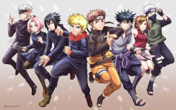 2021 2girls 6+boys armpits artist_name bandaged_leg bandages bandana bare_shoulders black_eyes black_hair blonde_hair blue_eyes blush breasts brown_background brown_eyes brown_hair cosplay costume_switch crossover facial_mark feet fingerless_gloves full_body fushiguro_megumi gloves gojou_satoru gradient_background green_eyes hammer hand_on_pocket haruno_sakura hatake_kakashi holding holding_weapon itadori_yuuji jacket jujutsu_kaisen kugisaki_nobara mask medium_breasts mole mole_under_mouth mono_land mouth_mask multiple_boys multiple_girls nails naruto_(classic) naruto_(series) one_eye_covered one_leg_raised pants pantyhose pink_hair rope_belt scar scar_across_eye scar_on_face serious shoes short_hair skirt smile spiked_hair teeth uchiha_sasuke uzumaki_naruto vest weapon whisker_markings white_hair