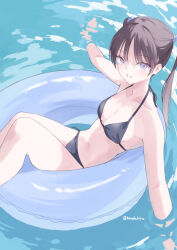 Rule 34 | 1girl, bare shoulders, bikini, black bikini, breasts, cleavage, collarbone, hondahiro, innertube, long hair, looking at viewer, medium breasts, navel, open mouth, original, purple eyes, smile, solo, stomach, swim ring, swimsuit, teeth, thighs, twintails, water