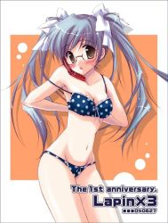 1girl blue_bra blue_hair blue_panties blush bow bow_bra bow_panties bra breasts cellphone cradling_phone female_focus frilled_bra frills glasses grey_eyes hair_bow lingerie medium_breasts mutsuse_suzumi original panties phone polka_dot polka_dot_bra polka_dot_panties solo standing strap_slip twintails underwear underwear_only undressing