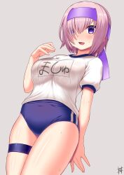 1girl blue_buruma blush breasts buruma fate/grand_order fate_(series) guriguri_(arayotto4351) hair_over_one_eye hairband highres large_breasts looking_at_viewer mash_kyrielight name_tag open_mouth pink_hair purple_eyes shirt short_hair short_sleeves smile solo thigh_strap thighs white_shirt