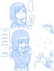 ... 1boy 1girl blue_theme braid breasts coin comic flying_sweatdrops getsuyoubi_no_tawawa glasses headwear_request himura_kiseki hokuro-chan_(tawawa) holding holding_money infinity_symbol long_hair mole mole_under_mouth money monochrome open_mouth parted_lips pleated_skirt ponytail school_uniform serafuku skirt speech_bubble sweatdrop trembling waving white_background yen