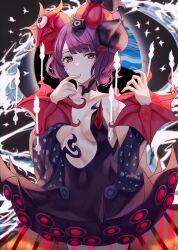 1girl bird black_dress breasts commentary dress expressionless fate/grand_order fate_(series) finger_to_mouth flower hair_flower hair_ornament highres katsushika_hokusai_(fate) katsushika_hokusai_(third_ascension)_(fate) light_blush looking_at_viewer medium_breasts nicky_w purple_eyes purple_hair short_hair solo water white_bird