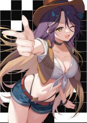 1girl ;d absurdres alternate_costume belt black_choker black_panties blonde_hair blue_shorts breasts brown_belt brown_hat brown_vest choker cleavage collarbone commentary cowboy_hat crop_top cropped_vest english_commentary finger_gun hair_between_eyes hat highleg highleg_panties highres indie_virtual_youtuber kan&#039;yu_(citron_82) long_hair lua_asuka multicolored_hair navel one_eye_closed open_mouth panties second-party_source shirt short_shorts shorts smile solo star_(symbol) streaked_hair tied_shirt underwear vest virtual_youtuber white_shirt yellow_eyes