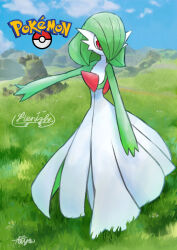 1girl absurdres arm_at_side arm_up artist_name blue_sky bob_cut character_name cloud colored_skin copyright_name crossover day female_focus field flat_chest full_body gardevoir gen_3_pokemon grass green_hair green_skin guardian_(zelda) hair_over_one_eye highres logo looking_afar multicolored_skin nintendo one_eye_covered outdoors outstretched_arm poke_ball_symbol pokemon pokemon_(creature) red_eyes romaji_text screenshot_background short_hair signature sky solo standing taiyou_no_ko the_legend_of_zelda the_legend_of_zelda:_breath_of_the_wild two-tone_skin white_skin