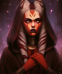1girl alien brown_cloak cloak colored_skin highres hood hooded_cloak jewelry lashir red_skin ring solo star_wars togruta upper_body yellow_eyes
