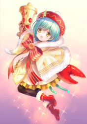 1girl bungo_yayoi christmas crab_claw fur_trim goto_p green_hair hat heaven_burns_red highres open_mouth santa_costume short_hair solo yellow_eyes