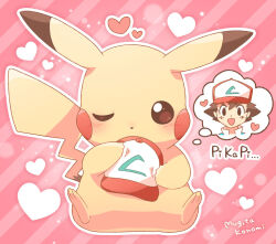Rule 34 | 1boy, :d, artist name, ash ketchum, blush, brown eyes, brown hair, commentary request, gen 1 pokemon, hat, heart, holding, holding unworn clothes, holding unworn hat, mugita konomi, nintendo, one eye closed, open mouth, outline, pikachu, pink background, pokemon, red hat, short hair, smile, speech bubble, spoken character, striped background, thought bubble, unworn hat, unworn headwear, white outline