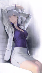 1girl absurdres formal_clothes girls&#039;_frontline grey_hair highres open_clothes open_mouth purple_eyes quuni rpk-16_(girls&#039;_frontline) short_hair sitting smile solo suit