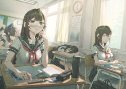 5girls absurdres bag black_hair blue_sailor_collar blunt_bangs book bottle breasts bulletin_board chair chalkboard classroom clock closed_eyes commentary_request curtains desk eraser glasses hair_up highres indoors jhigf korean_commentary large_breasts long_hair lying mechanical_pencil medium_breasts multiple_girls neckerchief notebook on_chair on_side open_book original pencil pencil_as_mustache pencil_case pleated_skirt ponytail red_neckerchief round_eyewear sailor_collar school school_bag school_chair school_desk school_uniform serafuku shirt shirt_tucked_in sitting skirt sleeping slice_of_life thermos translation_request water_bottle white_shirt window writing