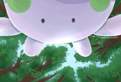 Rule 34 | 1other, blue sky, dated, forest, gen 6 pokemon, goomy, highres, leaf, looking at viewer, matomochan0930, nature, nintendo, no humans, pokemon, pokemon (creature), sky, solo, sunlight, tree, twitter username, upside-down, upside-down head