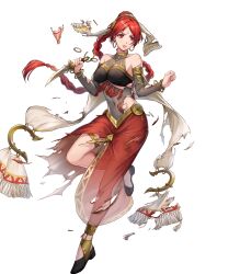 1girl black_footwear bracelet braid breasts dagger dancer earrings female_focus fire_emblem fire_emblem:_the_sacred_stones fire_emblem_heroes forehead_jewel frown highres holding holding_dagger holding_knife holding_weapon hoop_earrings jewelry knife large_breasts lipstick long_hair makeup matching_hair/eyes navel nintendo non-web_source official_alternate_costume official_art parted_lips red_eyes red_hair red_lips see-through_clothes solo stomach tethys_(dancing_sands)_(fire_emblem) tethys_(fire_emblem) torn_clothes weapon