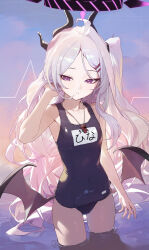1girl absurdres ahoge black_halo black_horns black_wings blue_archive blue_one-piece_swimsuit blush commentary_request demon_girl demon_horns demon_wings flat_chest halo highres hina_(blue_archive) hina_(swimsuit)_(blue_archive) horns low_wings multiple_horns ocean official_alternate_costume official_alternate_hairstyle old_school_swimsuit one-piece_swimsuit one_side_up open_mouth outdoors purple_eyes purple_wings school_swimsuit solo swimsuit thighs toi1et_paper wading water whistle whistle_around_neck white_hair wings