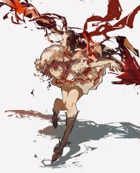 Rule 34 | 1girl, :/, absurdres, alternate eye color, ankle boots, back bow, black boots, black socks, boots, bow, bowtie, commentary, dress, grey background, hair between eyes, hat, hat ribbon, highres, holding, holding polearm, holding weapon, kneehighs, mob cap, po (anhk5528), polearm, puffy short sleeves, puffy sleeves, red bow, red bowtie, remilia scarlet, ribbon, ribbon-trimmed headwear, ribbon trim, shadow, short dress, short hair, short sleeves, socks, solo, spear, spear the gungnir, touhou, weapon, white dress, white hat, yellow eyes