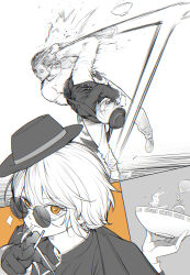 1boy 1girl :3 bowl closed_mouth don_quixote_(project_moon) cinq_east_(identity)_(project_moon) food gloves greyscale hat highres holding holding_bowl limbus_company long_sleeves looking_at_viewer maki_maki_(makimakipoipoi) monochrome noodles project_moon short_hair single_glove smile spot_color sunglasses yellow_eyes