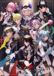 4boys 4girls :d absurdres ahoge black_gloves black_hair blonde_hair blue_hair brown_hair closed_eyes demon_horns elira_pendora enna_alouette eyepatch gloves grin hair_between_eyes hand_on_own_chest head_wings heart heart_ahoge highres horns ike_eveland long_hair maria_marionette medium_hair multicolored_hair multiple_boys multiple_girls nijisanji nijisanji_en nijisanji_idol_uniform official_alternate_costume one_eye_closed open_mouth own_hands_clasped own_hands_together pink_hair pointy_ears quilldren_(ike_eveland) ren_zotto rosemi_lovelock short_hair smile sonny_brisko spotlight streaked_hair suu_2319 virtual_youtuber vox_akuma waving white_gloves wings