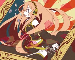 1girl black_shirt black_skirt black_sleeves black_thighhighs blue_eyes bubble colored_skin commentary_request detached_sleeves from_side gold_trim hari611 headphones long_hair megurine_luka navel open_mouth pink_hair red_nails shirt skirt sleeveless sleeveless_shirt solo tareme thighhighs very_long_hair vocaloid white_skin