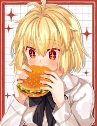 +_+ 1girl ahoge antenna_hair arcueid_brunestud black_bow blonde_hair blush bow bowtie burger cape capelet commentary dress eating food highres holding holding_burger holding_food official_alternate_costume sakura-no short_hair tsukihime tsukihime_(remake) upper_body white_cape white_dress