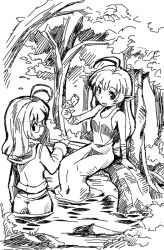 2girls bird forest greyscale kubocha long_hair looking_back monochrome multiple_girls nature open_mouth pointy_ears smile