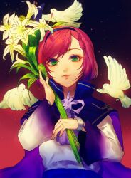 anago_(tokyo_retro_gokko) ascot bird cape doves flower green_eyes hairband holding holding_flower hosokawa_gracia japanese_clothes kimono lily_(flower) lips obi red_hair sash sengoku_musou