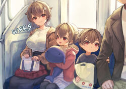 2boys 2girls artist_name bag black_hair black_skirt breasts brother_and_sister brown_jacket child commission family father_and_daughter father_and_son feet_out_of_frame hair_flaps hood hooded_jacket husband_and_wife if_they_mated jacket jingei_(kancolle) kantai_collection large_breasts long_hair mother_and_daughter mother_and_son multiple_boys multiple_girls pink_jacket red_eyes shirt shopping_bag siblings sitting skeb_commission skirt stuffed_whale train_interior white_shirt wss_(nicoseiga19993411)