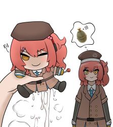 1girl beret blush candy cheeta_(girls&#039;_frontline_2) cum food girls&#039;_frontline girls&#039;_frontline_2:_exilium gloves hair_ornament hat highres lollipop looking_at_viewer mp7_(girls&#039;_frontline) necktie one_side_up pink_hair pov shirt smile yellow_eyes yuga_pratama