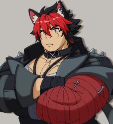 Rule 34 | 1boy, animal ears, bara, biceps, black jacket, closed mouth, collar, commentary request, crossed arms, earrings, ei (marutendon), fang, fang out, highres, jacket, jewelry, komano manato, looking at viewer, male focus, multicolored hair, muscular, muscular male, necklace, pectorals, red eyes, scar, scar across eye, scar on chest, scar on face, shirt, upper body, white shirt, wolf boy, wolf ears, zenless zone zero