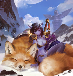 1girl animal armor artist_name bikini_armor black_hair black_thighhighs blue_skin breasts cleavage closed_eyes cloud colored_skin commentary day draenei fox full_body hair_over_one_eye highres horns medium_breasts original outdoors oversized_animal parted_lips rui_zhang saddle sitting sky snow sword thighhighs warcraft weapon world_of_warcraft