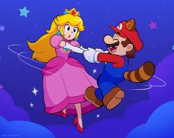 1boy 1girl artist_name blonde_hair blue_overalls brooch brown_hair brown_shoes chest_jewel closed_eyes cloud commentary crown dress elbow_gloves english_commentary gloves gold_crown hat high_heels highres jewelry long_hair mario mario_(series) newsboy_cap nintendo open_mouth overalls pink_dress pointed_crown princess_peach red_hat red_shirt shirt shoes short_hair vinny_(dingitydingus) watermark white_gloves
