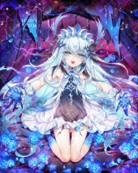 1girl bare_shoulders black_dress black_gloves blue_eyes blue_flower blue_hair blue_rose commentary_request commission dress flower frilled_dress frills gloves hair_ornament highres long_hair looking_at_viewer munlu_(wolupus) open_mouth original outstretched_arms rose sitting skeb_commission solo spread_arms teeth thighs watermark