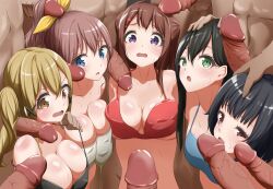 5girls 6+boys bang_dream! black_bra black_hair blonde_hair blue_bra blue_eyes blush bra brown_eyes brown_hair commentary_request erection green_bra green_eyes hair_ornament hanazono_tae hand_on_another&#039;s_head hetero highres ichigaya_arisa long_hair looking_at_another multiple_boys multiple_girls open_mouth penis poppin&#039;party red_bra short_hair surrounded_by_penises sweat toyama_kasumi twintails underwear ushigome_rimi whiton44 yamabuki_saya