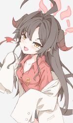 Rule 34 | 1girl, :d, absurdres, ahoge, black horns, blue archive, blush, breasts, brown eyes, brown hair, cleavage, coat, collared shirt, cowboy shot, curved horns, demon girl, demon horns, demon tail, dress shirt, fang, grey background, hair between eyes, hair intakes, halo, hands up, hashtag-only commentary, highres, horns, huge ahoge, kasumi (blue archive), kazuki-p555, lab coat, long hair, looking at viewer, open clothes, open coat, open mouth, red halo, red shirt, shirt, simple background, skin fang, sleeves past fingers, sleeves past wrists, small breasts, smile, solo, tail