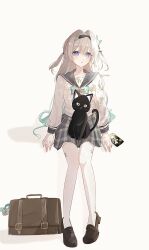 1girl aqua_hair bag black_cat black_hairband black_sailor_collar cat cellphone closed_mouth firefly_(honkai:_star_rail) firefly_(spring_missive)_(honkai:_star_rail) gradient_hair grey_hair hair_ornament hairband highres honkai:_star_rail honkai_(series) invisible_chair iooqq loafers long_hair long_sleeves looking_at_viewer multicolored_hair official_alternate_costume phone sailor_collar school_bag shadow shirt shoes simple_background sitting skirt smartphone solo thighhighs white_background white_shirt white_thighhighs
