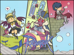 1girl 2boys angel_wings armor armored_boots beelzebub_(ragnarok_online) black_armor black_border black_wings blonde_hair blowing_bubbles blue_hair blue_sky book boots border bubble bug cape chibi claws cliff closed_eyes closed_mouth column commentary copyright_name cross crown cup disposable_cup drinking english_commentary fly full_body fur-trimmed_cape fur_trim gloves gradient_sky grass heart holding holding_book horns insect long_hair mountain multiple_boys pillar plant ragnarok_online reading red_cape red_eyes short_hair sitting skull sky slice_of_life smile spoken_heart thanatos_(ragnarok_online) tile_floor tiles valkyrie_randgris visor_(armor) watering watering_can watermark white_gloves window wings zanaffar_(marliciously)