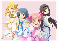 4girls akemi_homura black_hair black_neckwear blonde_hair blue_eyes blue_hair blue_skirt bow brooch chypre_(heartcatch_precure!) color_connection cosplay cure_blossom cure_blossom_(cosplay) cure_marine cure_marine_(cosplay) cure_moonlight cure_moonlight_(cosplay) cure_sunshine cure_sunshine_(cosplay) dress drill_hair hair_bow hairband heart heart_brooch heartcatch_precure! jewelry kaname_madoka kyubey long_hair magical_girl mahou_shoujo_madoka_magica mahou_shoujo_madoka_magica_(anime) miki_sayaka multiple_girls navel nora-toro orange_bow orange_skirt pink_hair pink_skirt precure purple_background purple_dress purple_eyes short_hair short_twintails shypre_(cosplay) skirt thighhighs tomoe_mami twin_drills twintails yellow_bow yellow_eyes