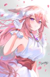 1girl absurdres almanju bare_shoulders blush breasts commentary dress gem genshin_impact gloves hair_between_eyes hand_up highres large_breasts long_hair looking_at_viewer pink_hair purple_eyes purple_gemstone sleeveless sleeveless_dress solo symbol-only_commentary veil very_long_hair white_dress white_gloves white_veil yae_miko