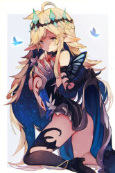 1girl absurdres antenna_hair bare_shoulders blonde_hair blue_butterfly body_markings braid breasts bug butterfly butterfly_wings chest_tattoo clothes_lift colored_inner_hair commission elf flower green_eyes hands_up headpiece highres insect insect_wings kemomin_nosuke kneeling lifting_own_clothes long_hair looking_at_viewer multicolored_hair original parted_lips pointy_ears red_tattoo revealing_clothes skeb_commission small_breasts solo star_(symbol) star_print starry_hair starry_sky_print stomach_tattoo tattoo very_long_hair vivi_(ac8231) white_flower wings wrist_flower