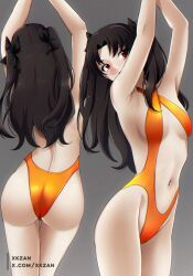1girl armpits arms_up ass back black_hair breasts clothing_cutout commentary_request fate/grand_order fate_(series) grey_background ishtar_(fate) long_hair multiple_views navel one-piece_swimsuit orange_one-piece_swimsuit red_eyes simple_background small_breasts stomach swimsuit two_side_up very_long_hair xkzan