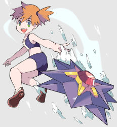 1girl :d bare_arms bare_shoulders bikini bikini_shorts blue_bikini blue_shorts bright_pupils eyebrows from_side gen_1_pokemon green_eyes gym_leader hair_between_eyes kneepits looking_at_viewer misty_(pokemon) miyata_(lhr) multicolored_bikini nintendo open_mouth orange_hair pokemon pokemon_(creature) pokemon_frlg ponytail purple_bikini red_footwear shoes short_hair short_ponytail shorts side_ponytail smile sneakers starmie swimsuit teeth tongue white_bikini white_pupils