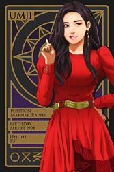 1girl artist_name_(singer) belt black_hair commentary cowboy_shot earrings eyeshadow gfriend hair_behind_ear hand_on_own_hip highres jewelry k-pop long_hair long_sleeves looking_to_the_side makeup mascara pink_nails real_life red_eyeshadow renzengeki smile solo umji_(gfriend)