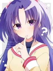 Rule 34 | 1girl, ?, blazer, blue hair, blush, clannad, eyes visible through hair, finger to mouth, hair between eyes, hair bobbles, hair ornament, hashtag-only commentary, highres, hikarizaka private high school uniform, ichinose kotomi, index finger raised, jacket, long hair, long sleeves, looking at viewer, purple eyes, school uniform, serafuku, sidelighting, simple background, solo, tsurime, twitter username, two side up, upper body, watermark, white background, xdjf63qbpt0iqmj, yellow jacket