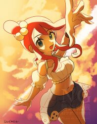 1girl :d blue_eyes bracelet collarbone cowboy_shot eyelashes hair_ornament highres jewelry light_blush midriff navel nintendo off-shoulder_shirt off_shoulder official_alternate_costume one_side_up open_mouth outdoors pokemon pokemon_masters_ex sandora_(karugamo_no_e) shirt shorts sidelocks signature skyla_(pokemon) skyla_(summer_2025)_(pokemon) smile solo twilight watermark