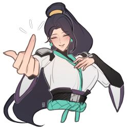 Rule 34 | black hair, closed eyes, earrings, high ponytail, jewelry, long hair, middle finger, ponytail, sage (valorant), simple background, smile, teerex017, upper body, valorant, very long hair, white background, wide sleeves