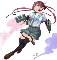 Rule 34 | 1girl, absurdres, adapted turret, anti-aircraft, anti-aircraft gun, arm warmers, asagumo (kancolle), ascot, autocannon, blue ascot, blush, brown hair, cannon, cloud hair ornament, double bun, gegesan, grey eyes, grey skirt, hair bun, hair ribbon, hair rings, highres, holding, holding turret, kantai collection, long hair, machinery, pleated skirt, ribbon, rigging, school uniform, ship turret, shirt, signature, skirt, smokestack, solo, suspender skirt, suspenders, thighhighs, torpedo launcher, torpedo tubes, turret, twintails, type 96 aa gun, white background, white shirt