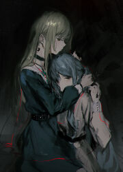 2girls absurdres bang_dream! bang_dream!_it&#039;s_mygo!!!!! blonde_hair blue_hair blush commentary dark_background dress eyelashes from_side hair_between_eyes hair_ribbon head_hug highres lemtun long_hair long_sleeves looking_at_viewer multiple_girls profile ribbon togawa_sakiko very_long_hair wakaba_mutsumi yellow_eyes