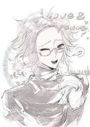 Rule 34 | 1boy, absurdres, aotsuki eito, catchphrase, chinese commentary, doodle inset, eyeliner, gakuran, glasses, grey hair, heart, highres, hole in chest, hole on body, image in speech bubble, kt43703170, last defense academy school uniform, looking at viewer, makeup, male focus, middle finger, mixed-language text, one eye closed, partially colored, purple eyes, red eyeliner, school uniform, short hair, simple background, sketch, solo, sparkle, speech bubble, teeth, the hundred line -last defense academy-, upper body, upper teeth only, vomiting rainbows, white background