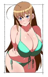 Rule 34 | 1girl, ahoge, aqua bikini, arms under breasts, bikini, blue eyes, breasts, brown hair, cleavage, collarbone, female focus, green bikini, highres, huge ahoge, huge breasts, komusou (jinrikisha), leaning forward, long hair, looking at viewer, navel, ooba minori, original, side-tie bikini bottom, simple background, smile, solo, standing, swimsuit, very long hair