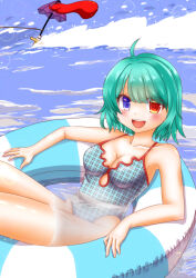 Rule 34 | 1girl, :d, aqua hair, blue eyes, blue one-piece swimsuit, blush, commentary request, geta, heterochromia, innertube, karakasa obake, long tongue, nyaw, ocean, one-piece swimsuit, open mouth, purple umbrella, red eyes, short hair, smile, solo, sparkle, swim ring, swimsuit, tatara kogasa, teeth, thighs, tongue, touhou, umbrella, upper teeth only, very long tongue, water, waves